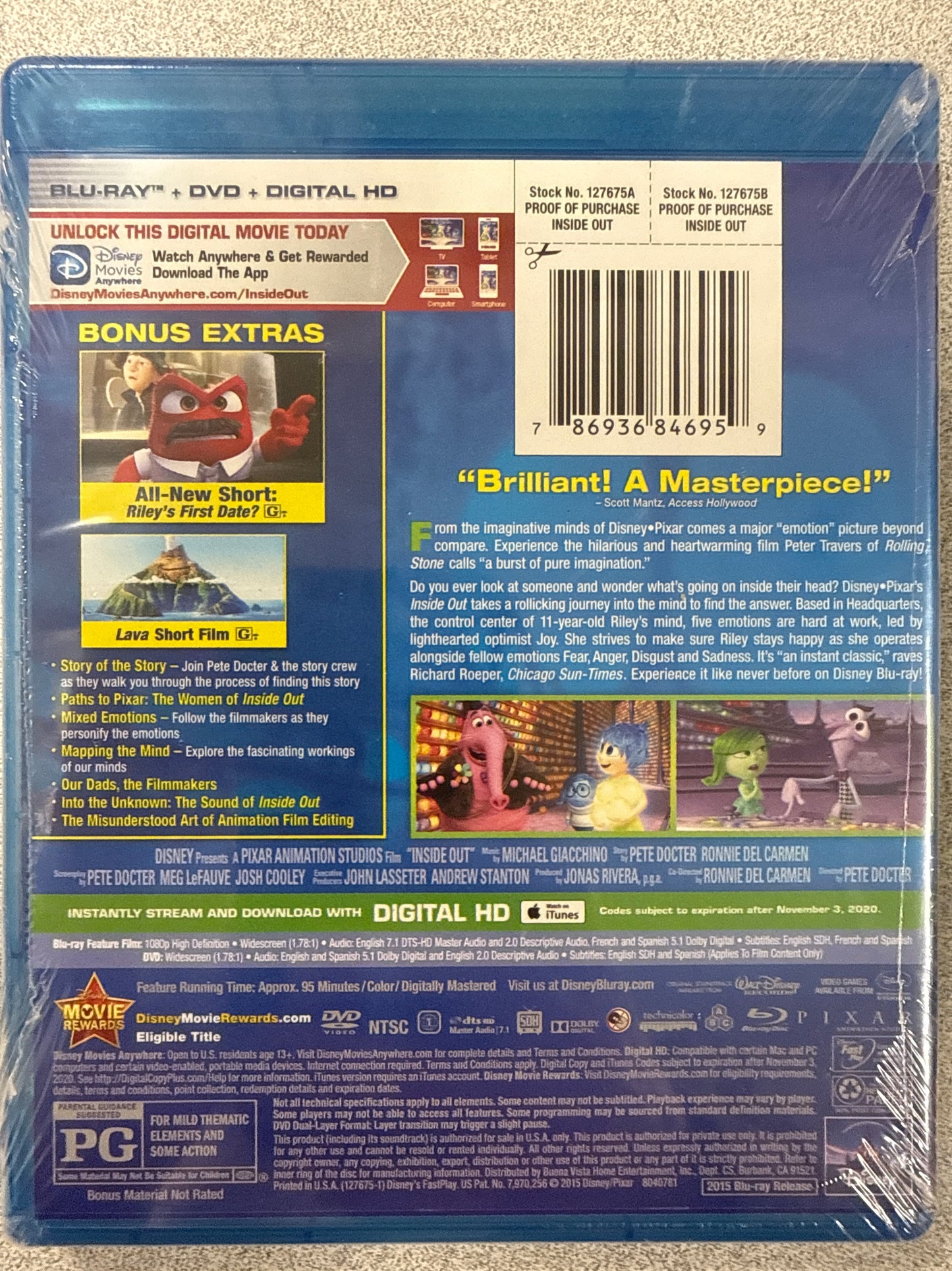 Disney Pixar Inside Out Blu-ray New Factory Sealed