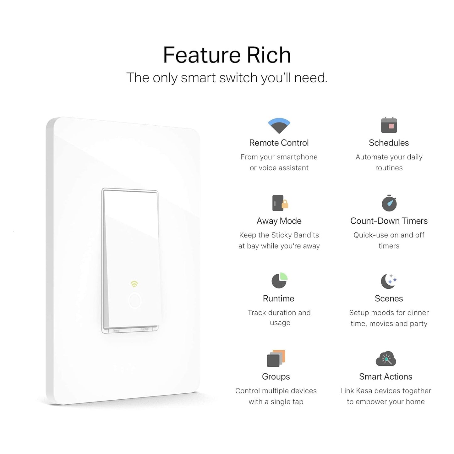 Smart Light Switch HS200, Single Pole, Needs Neutral Wire, 2.4GHz Wi-Fi Light Switch Works with Alexa and Google Home, UL Certified, No Hub Required , White