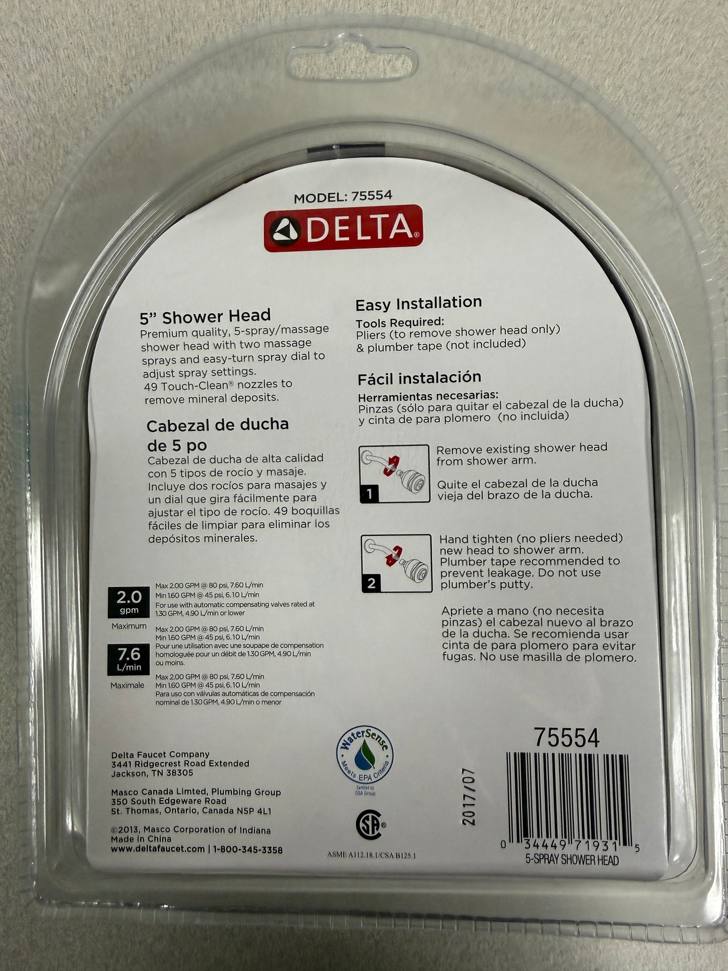 Delta Faucet 5-Spray Settings Shower Head - Chrome