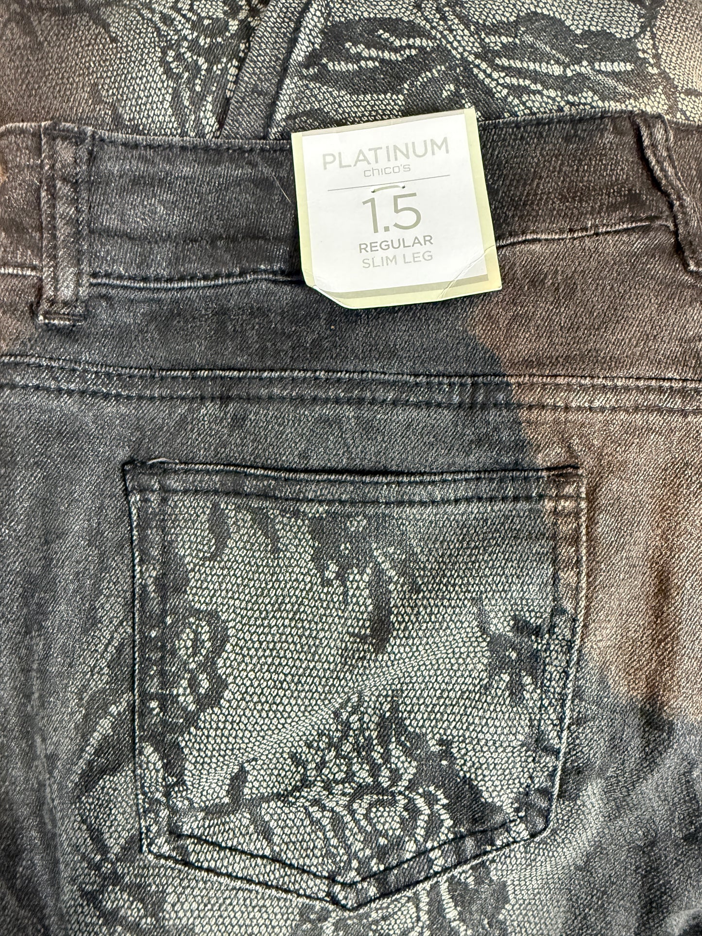 Chico's Platinum Denim Coated Lace Jeans Slim Leg 1.5 - Used