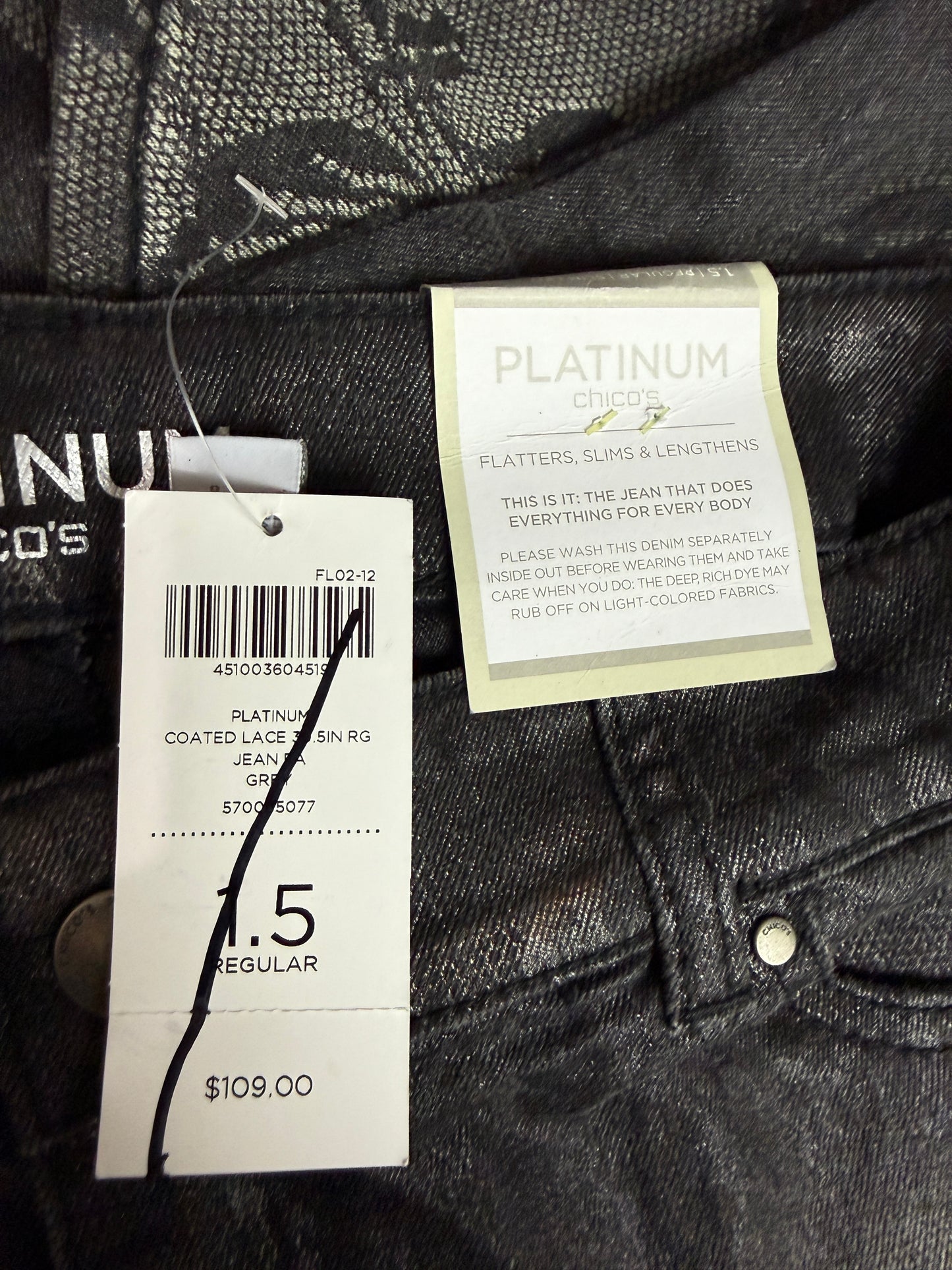 Chico's Platinum Denim Coated Lace Jeans Slim Leg 1.5 - Used