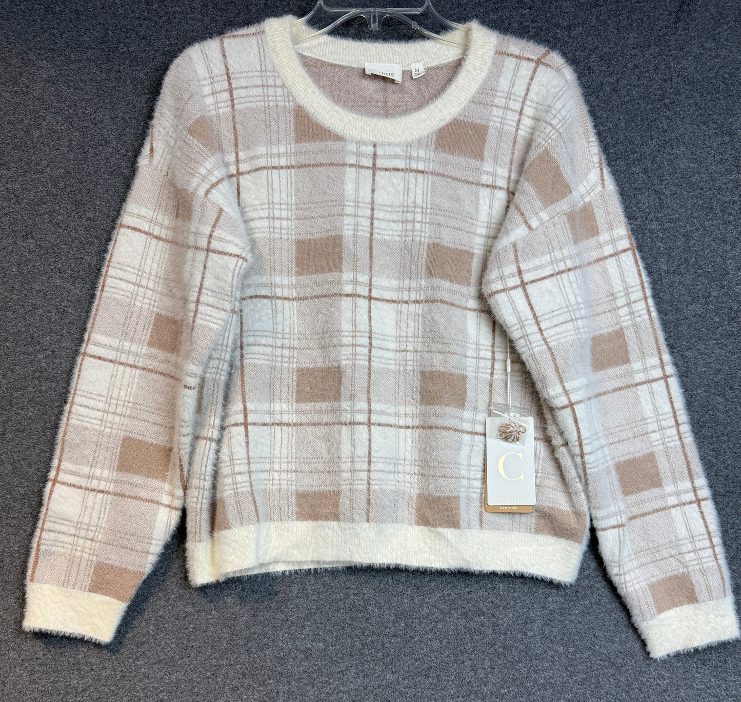 Cyrus Fuzzy Pullover Sweater Hamilton Windowpane White Beige - Used