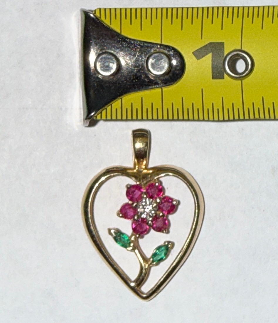 14K Yellow Gold Ruby Diamond, Emerald Flower Heart Pendant - Used