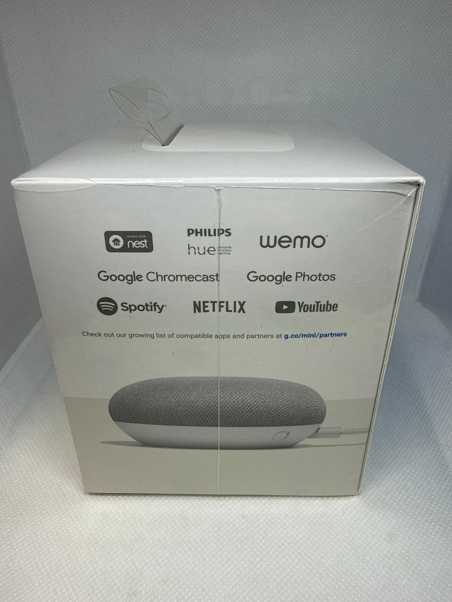 Google Home Mini Smart Speaker in the Chalk - light gray - 1st Generation - Used - Unopened