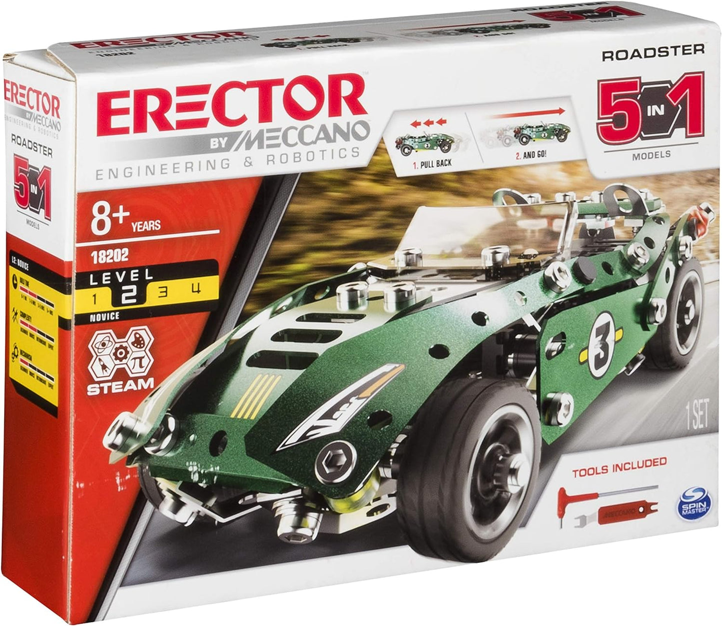 Meccano Erector Roadster 5-in-1 Building Kit, 174 Parts, STEM Engineering Education Toy for Ages 8 and Up