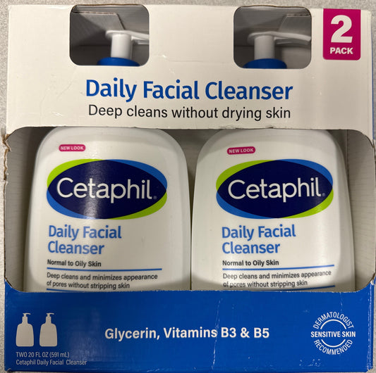 Cetaphil Daily Facial Wash Cleanser for Normal to Oily Skin 20oz (2 Pack)