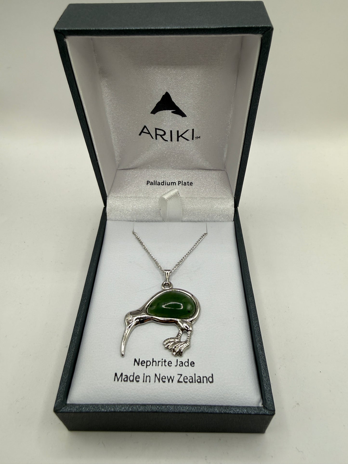 ARIKI Nephrite Jade Kiwi Pendant Necklace Palladium Plated - Used Like New Condition