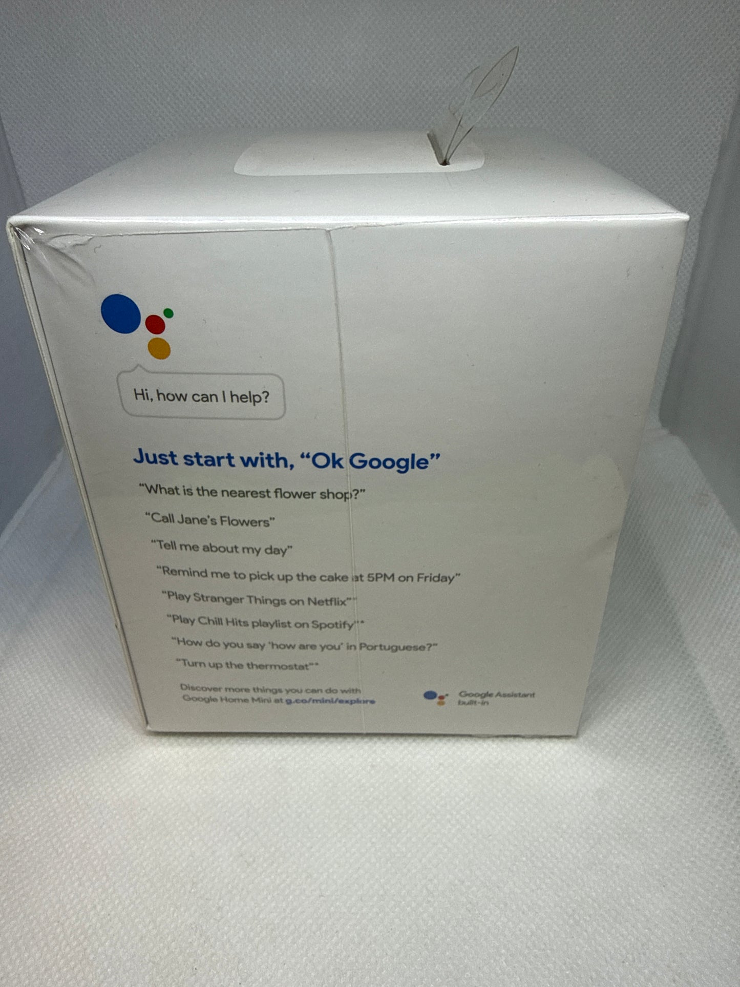 Google Home Mini Smart Speaker in the Chalk - light gray - 1st Generation - Used - Unopened
