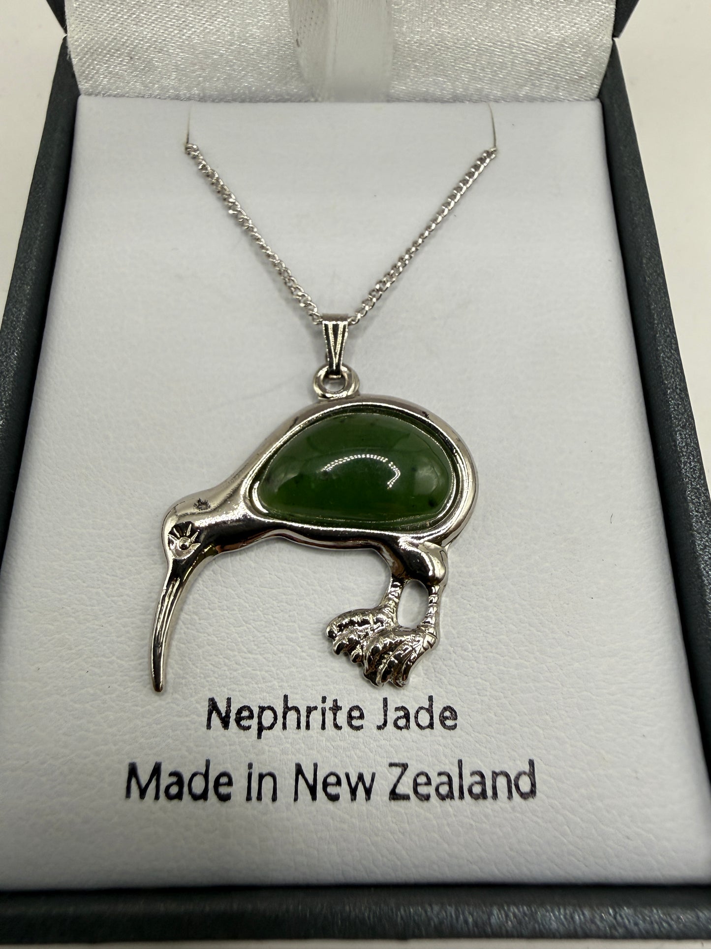 ARIKI Nephrite Jade Kiwi Pendant Necklace Palladium Plated - Used Like New Condition