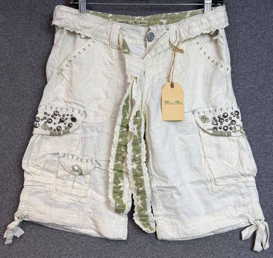 Miss Me Summer Linen Bermuda Shorts With Lace And Green Floral Belt Rhinestone Pockets