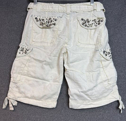 Miss Me Summer Linen Bermuda Shorts With Lace And Green Floral Belt Rhinestone Pockets