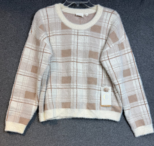 Cyrus Fuzzy Pullover Sweater Hamilton Windowpane White Beige - Used