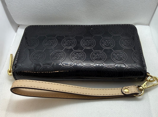 Michael Kors Black and Gold Patent Leather Woman's Wallet – Embossed MK Logo - Used