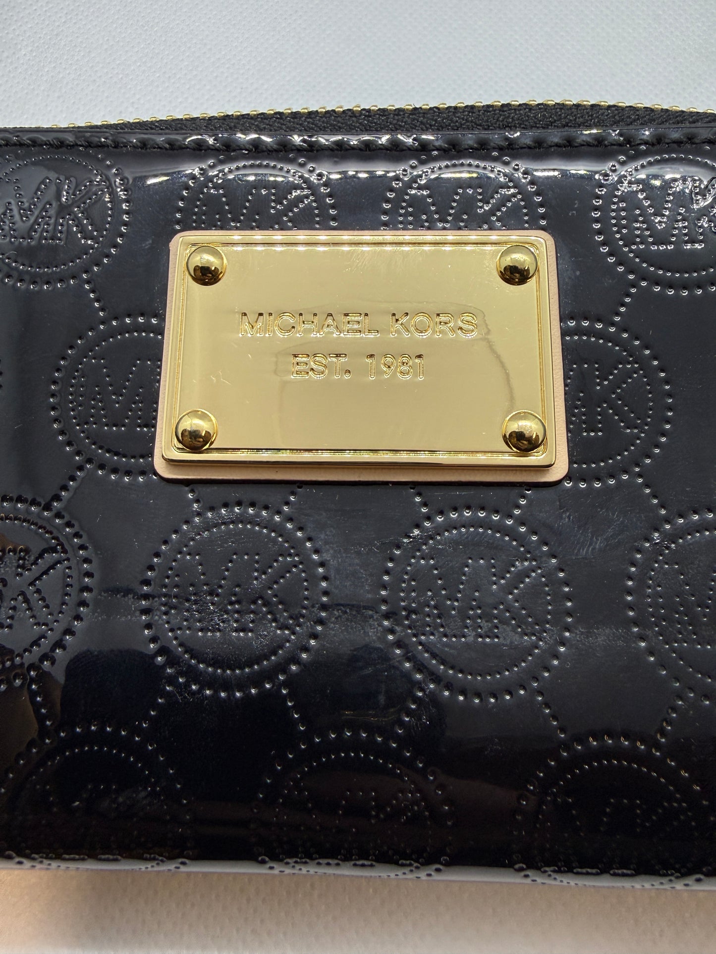 Michael Kors Black and Gold Patent Leather Woman's Wallet – Embossed MK Logo - Used
