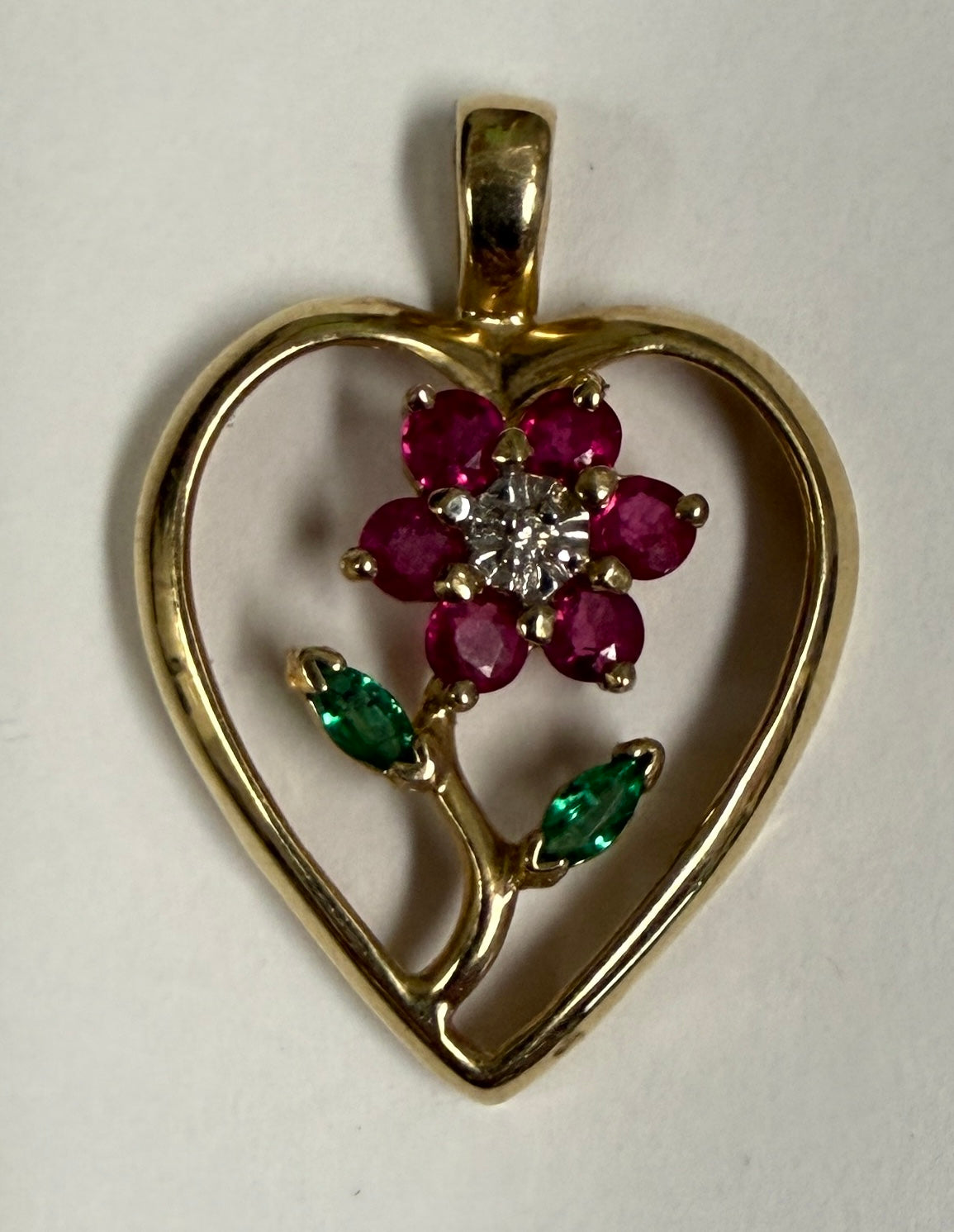 14K Yellow Gold Ruby Diamond, Emerald Flower Heart Pendant - Used
