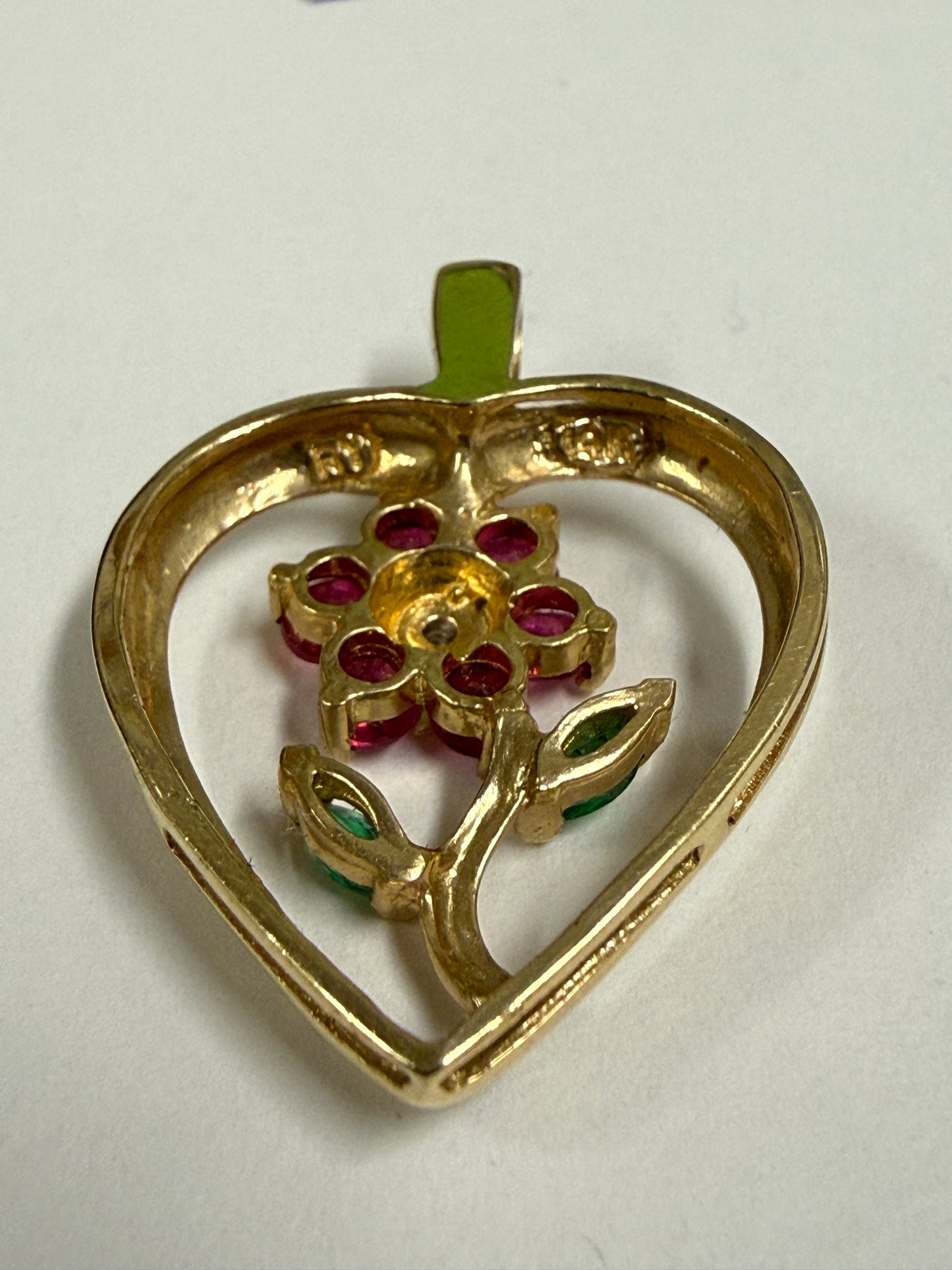 14K Yellow Gold Ruby Diamond, Emerald Flower Heart Pendant - Used