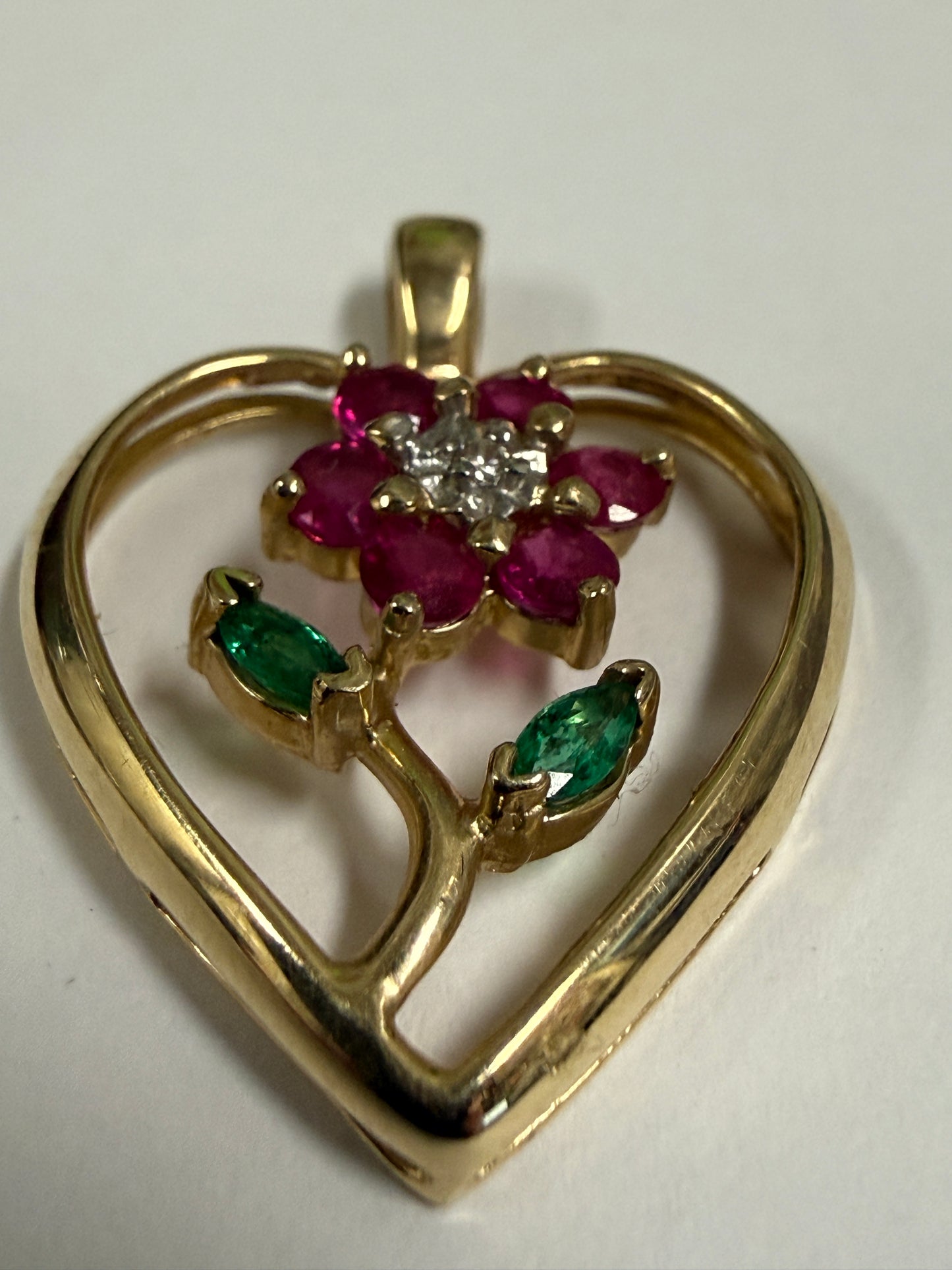 14K Yellow Gold Ruby Diamond, Emerald Flower Heart Pendant - Used
