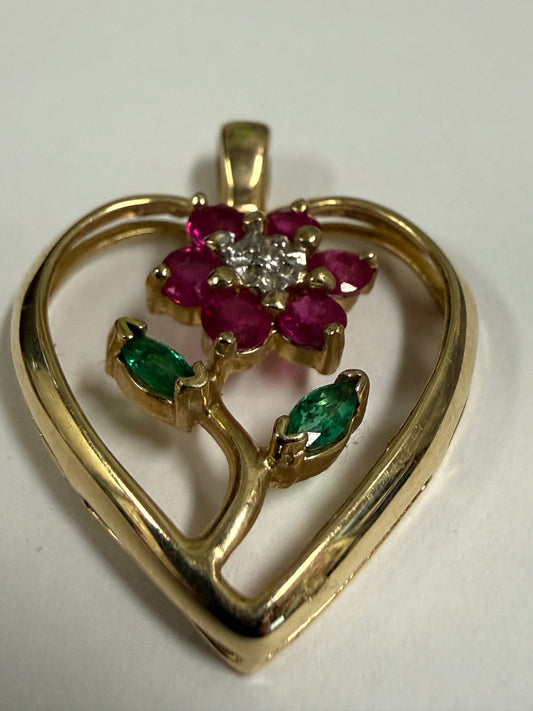 14K Yellow Gold Ruby Diamond, Emerald Flower Heart Pendant - Used