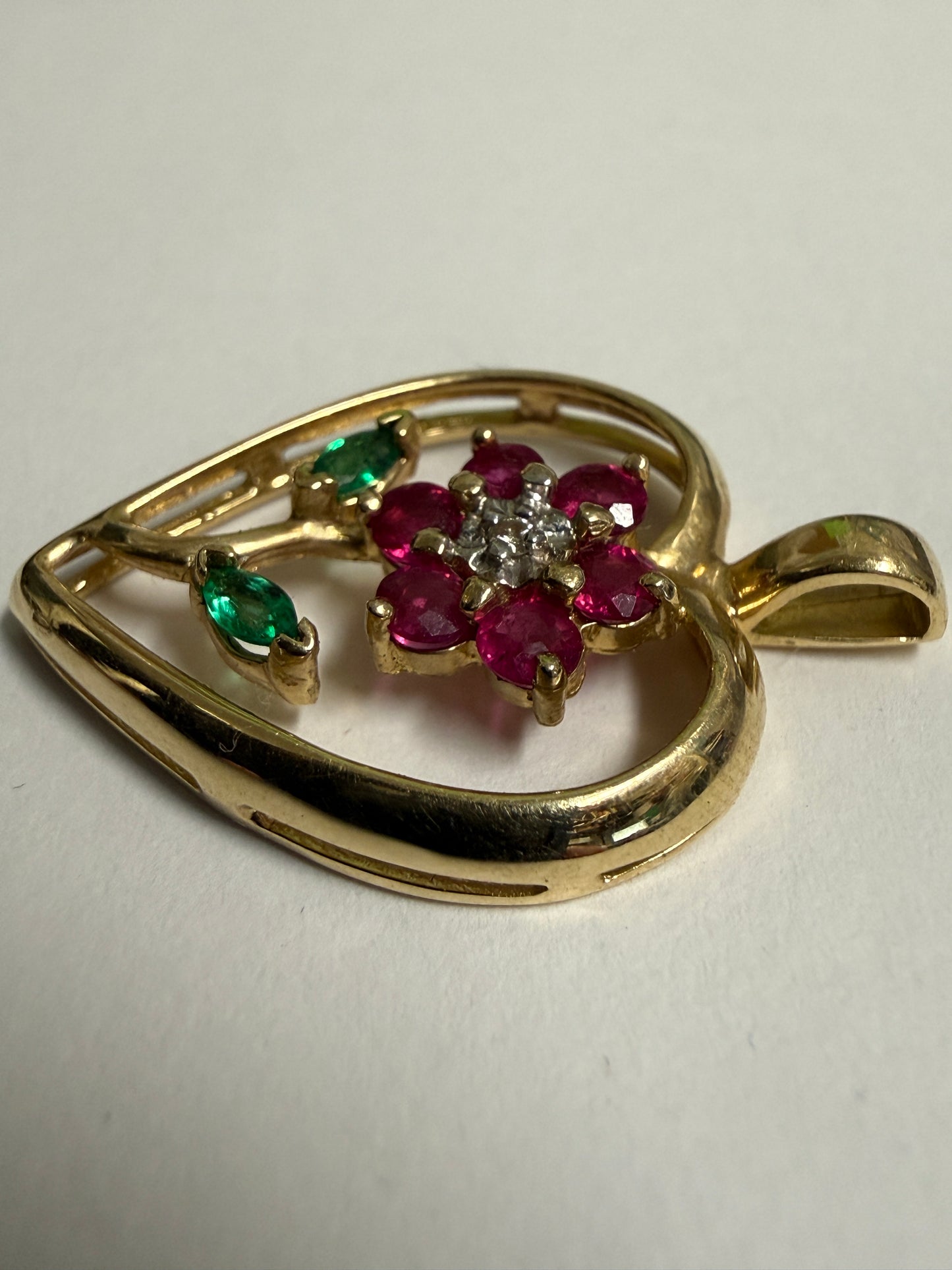 14K Yellow Gold Ruby Diamond, Emerald Flower Heart Pendant - Used