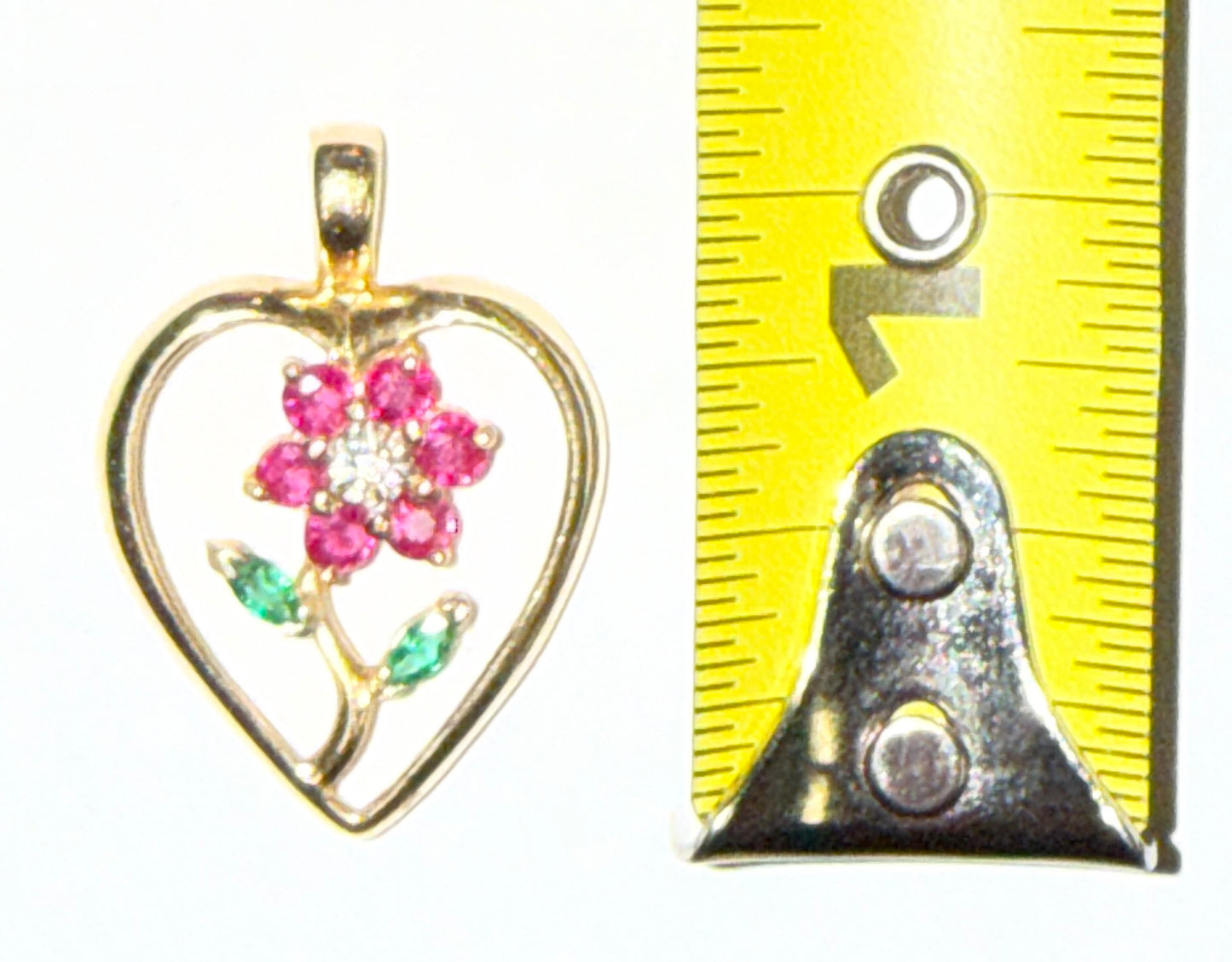 14K Yellow Gold Ruby Diamond, Emerald Flower Heart Pendant - Used