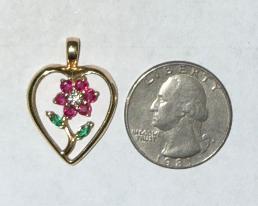 14K Yellow Gold Ruby Diamond, Emerald Flower Heart Pendant - Used