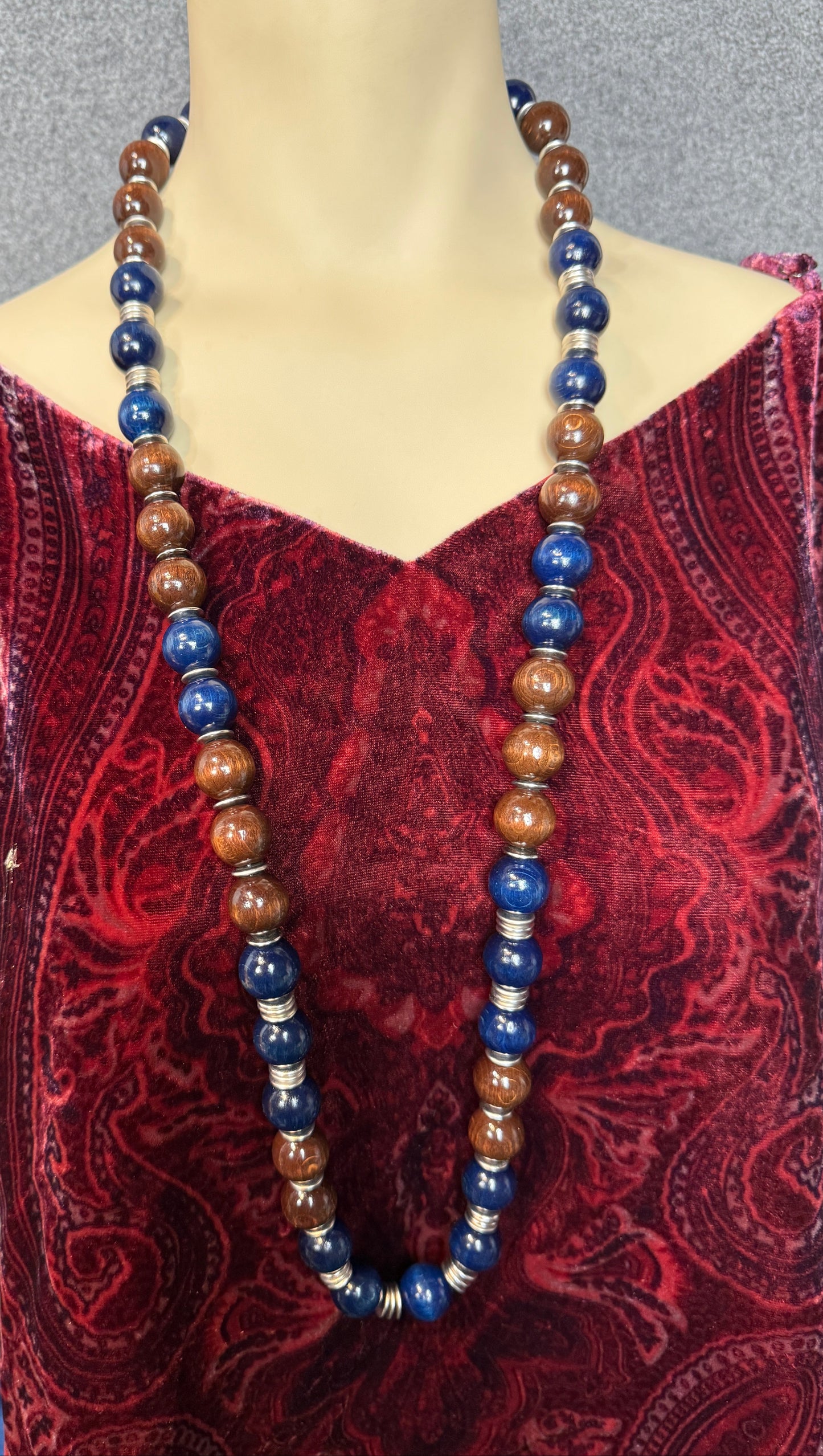 Yves Saint Laurent YSL Vintage Brown and Blue Wooden Bead Necklace - Previously Owned