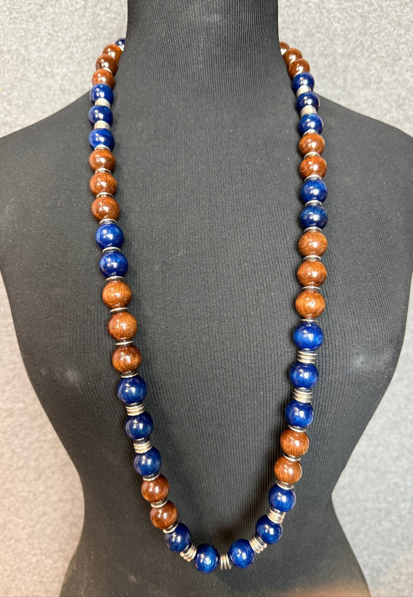 Yves Saint Laurent YSL Vintage Brown and Blue Wooden Bead Necklace - Previously Owned