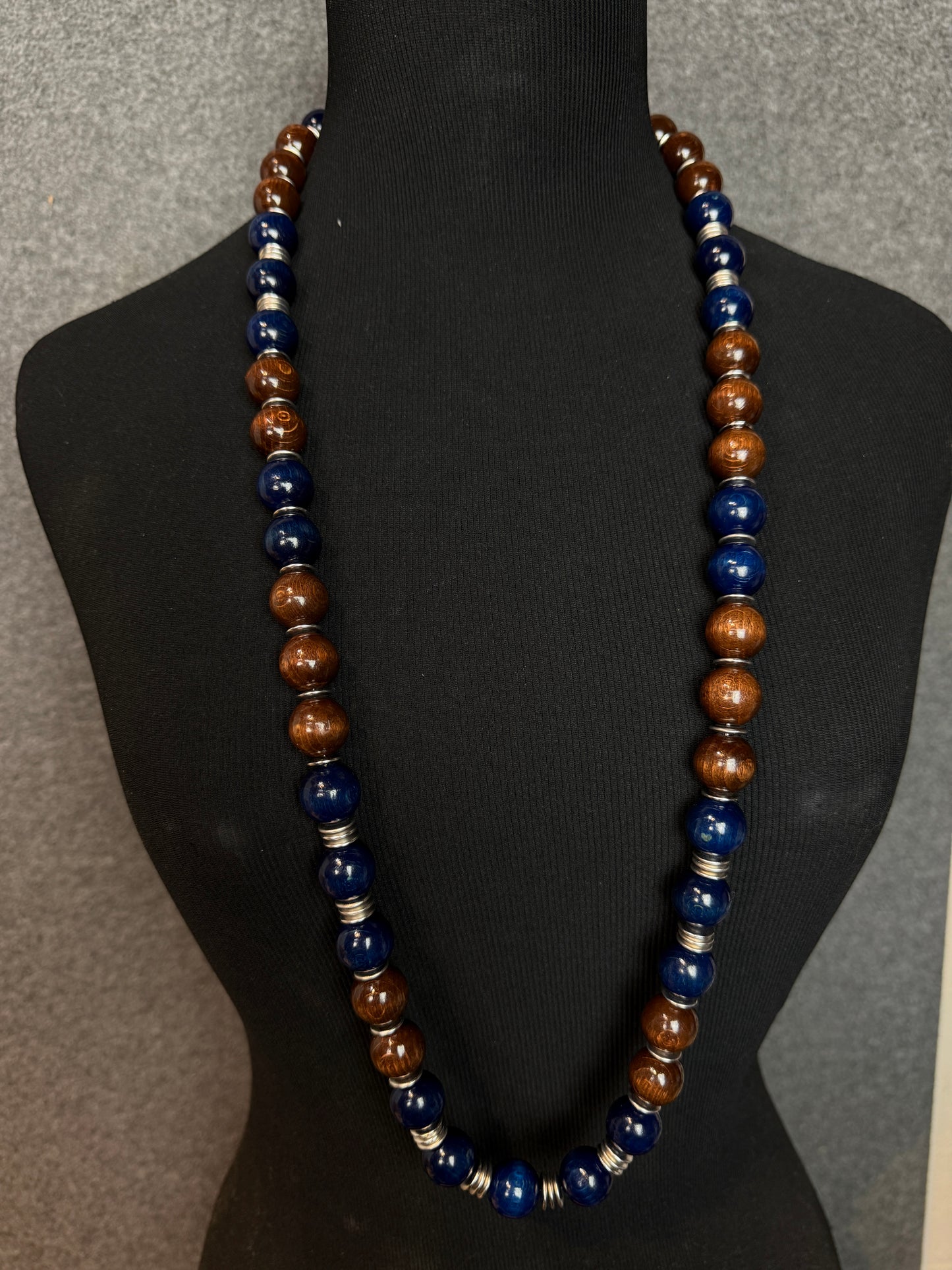 Yves Saint Laurent YSL Vintage Brown and Blue Wooden Bead Necklace - Previously Owned