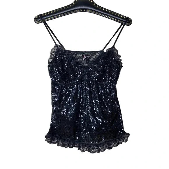 The Curated Closet - Black Sequin Lace Trim Cami
