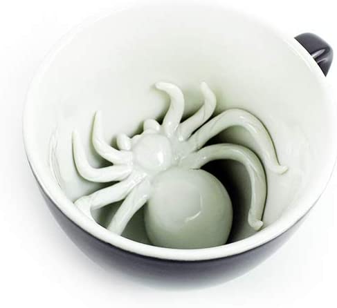 CREATURE CUPS Spider Ceramic Cup (11 Ounce, Black Exterior) - Creepy Cups - Hidden Animal Inside Mug - Birthday, Halloween, Spooky Gift for Coffee & Tea Lovers
