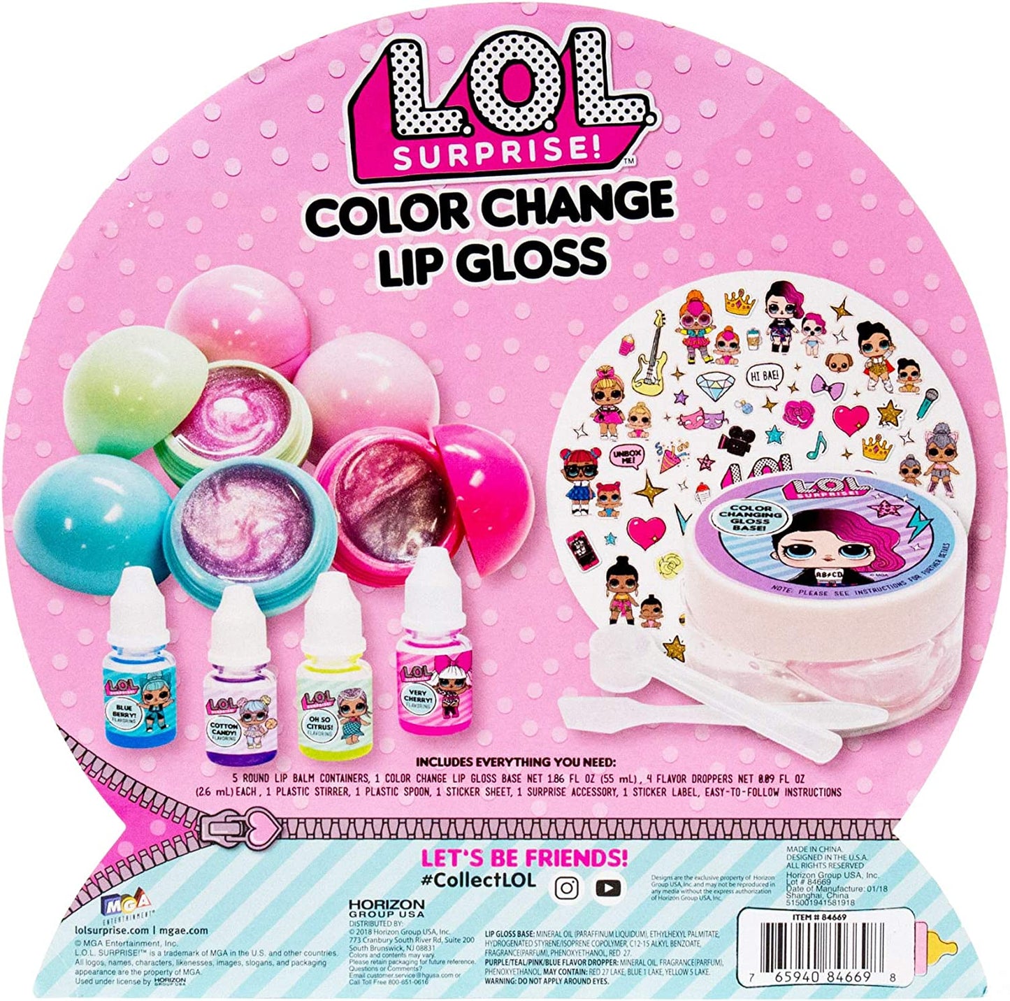 L.O.L. Surprise! Color Change Lip Gloss By Horizon Group USA, Mix & Create 5 Color Changing Multi Flavored Lip Glosses,DIY Lip Gloss Making Kit, Containers & Decorative Stickers Included.Multicolored