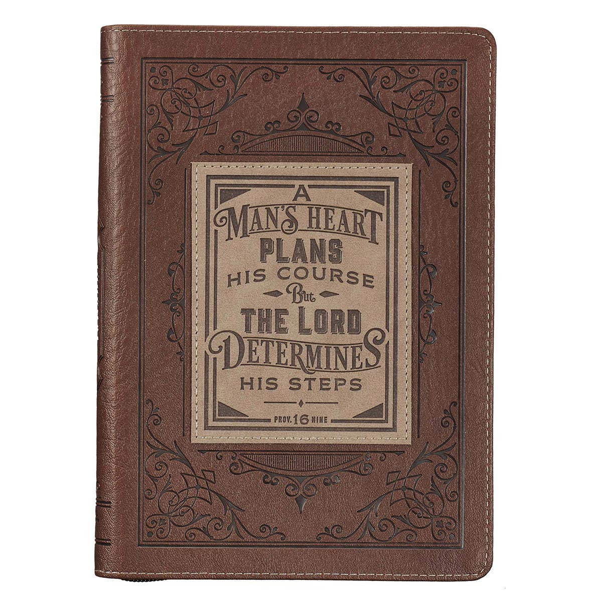 Specialty Item - A Man's Heart Classic Faux Leather Zippered Journal in Brown - Proverbs 16:9