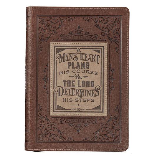 Specialty Item - A Man's Heart Classic Faux Leather Zippered Journal in Brown - Proverbs 16:9