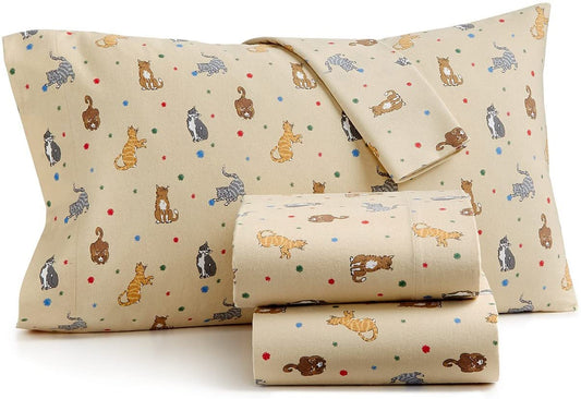 Martha Stewart Collection Cats Meow Cotton 4-Pc. Flannel Full Sheet Set