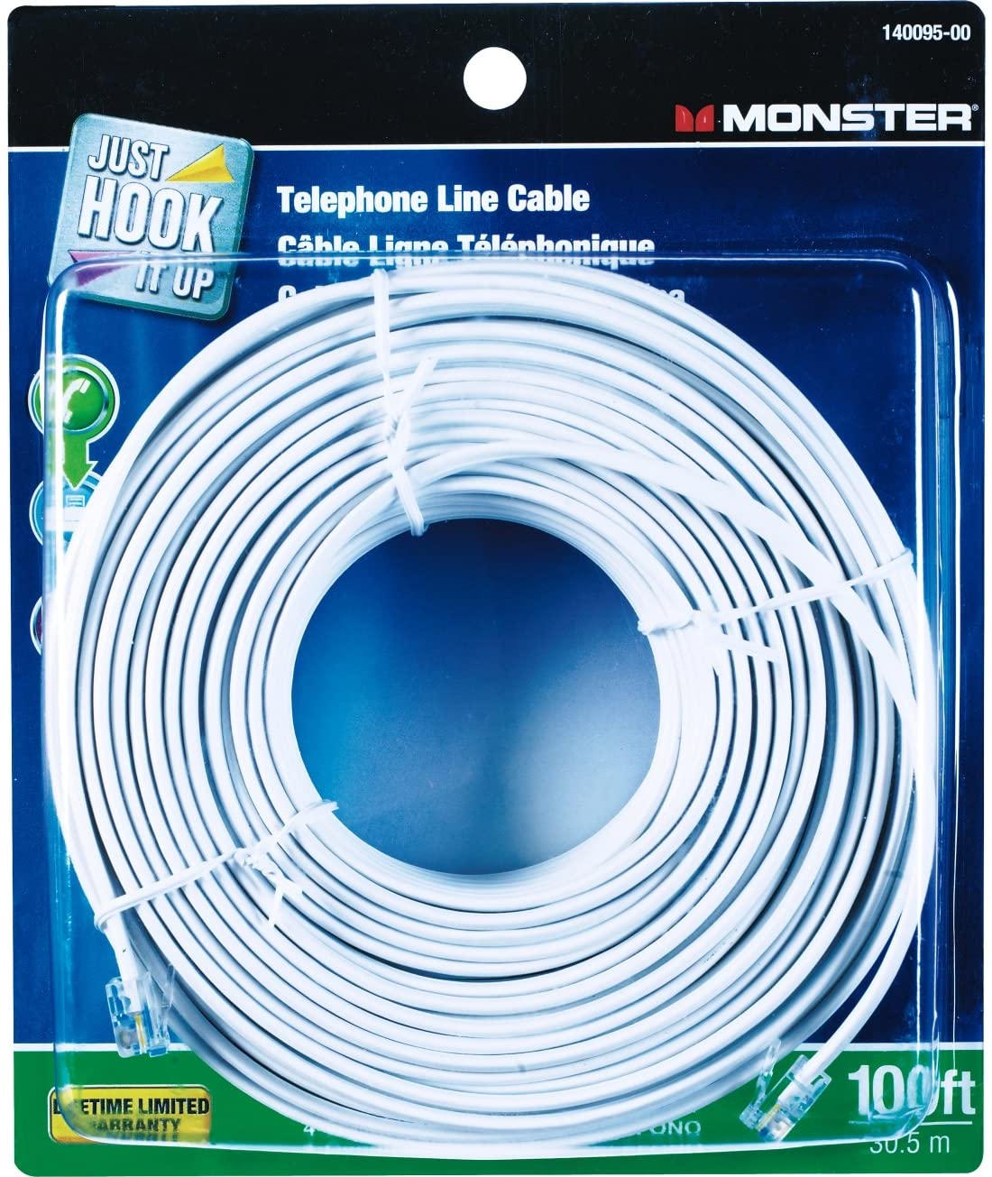 Monster Cable Telephone Line Cord Modular 4 Conductor 100 ' White Carded